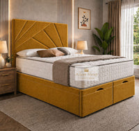 Plush Velvet Mustard Gold - Meridian Abstract Geometry Ottoman Divan Bed | Luxury Hydraulic Storage Bed Frame