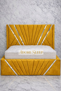Plush Velvet Mustard Gold - Bat Radiance Luxury Panel Bed Frame with Silver Strip – Upholstered