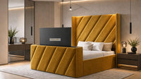 Plush Velvet Mustard Gold - Ascot Luxury Diagonal Panel TV Bed – Designer Upholstered Bed Frame with Integrated TV Footboard