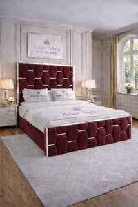 Plush Velvet Maroon - Hexa Monarch Luxury Silver Strip Panel Bed Frame