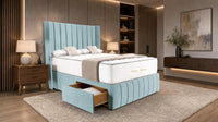Plush Velvet Duck Egg - Valentina Vertical Luxe Divan Bed – Channelled Statement Headboard & Storage