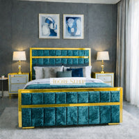 Crushed Velvet Teal - Aurelius Linear Upholstered Designer Bed | Luxury Gold Frame Statement Bed