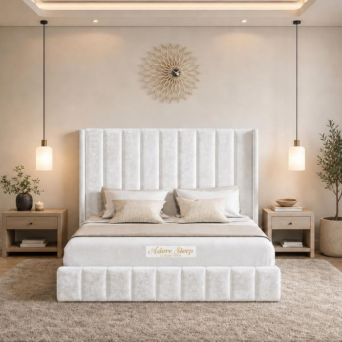 Crushed Velvet White - Chelsea Luxury Channel Panel Bed – Premium Upholstered Bed Frame with Statement Headboard