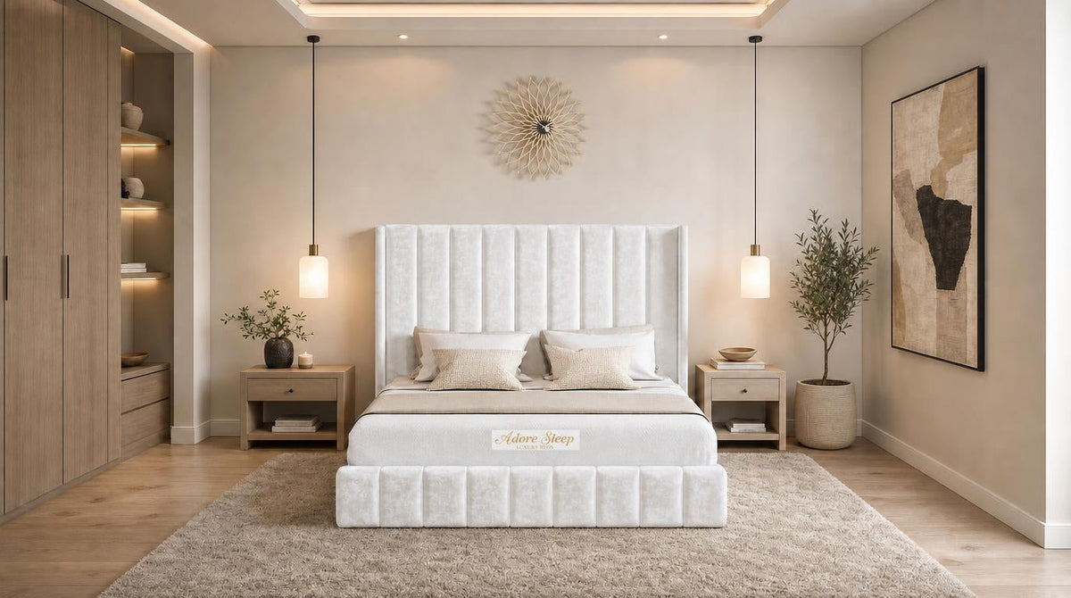 Crushed Velvet White - Chelsea Luxury Channel Panel Bed – Premium Upholstered Bed Frame with Statement Headboard