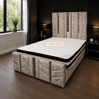 Crushed Velvet Mink - Chevronne Luxury Chevron Panel Bed – Designer Upholstered Bed Frame with Metallic Inlay Detailing