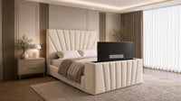 Naples Cream - Solaris Luxury Sunburst TV Bed – Designer Upholstered Bed Frame with Integrated TV Footboard