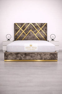 Crushed Velvet Mink - Regalia Noir Luxury Upholstered Bed – Geometric Designer Headboard with Metallic Accent Detailing