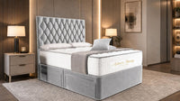 Plush Velvet Silver - Regency Diamond Luxury Divan Bed – Deep Button-Tufted Headboard with Premium Upholstered Frame & Storage