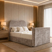 Crushed Velvet Mink - Serene Luxury Curved TV Bed – Designer Upholstered Bed Frame with Integrated TV Footboard