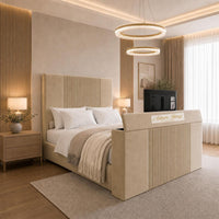 Plush Velvet Beige - Knightsbridge Luxury Fluted TV Bed – Designer Upholstered Bed Frame with Integrated TV Footboard