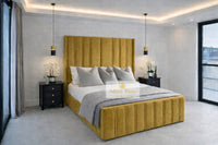 Plush Velvet Mustard Gold - Aurelia Grandeur Luxury Upholstered Panel Bed – Tall Vertical Channel Headboard & Deep Padded Frame