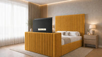 Plush Velvet Mustard Gold - Montreux Luxury Fluted TV Bed – Premium Upholstered Bed Frame with Integrated TV Footboard