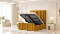 Plush Velvet Mustard Gold - Langham Column Luxury Panelled Ottoman Storage Bed