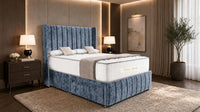 Crushed Velvet Denim Blue - Valentina Vertical Luxe Divan Bed – Channelled Statement Headboard & Storage