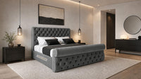 Plush Velvet Steel - Windsor Chesterfield Luxury Scroll Bed Frame