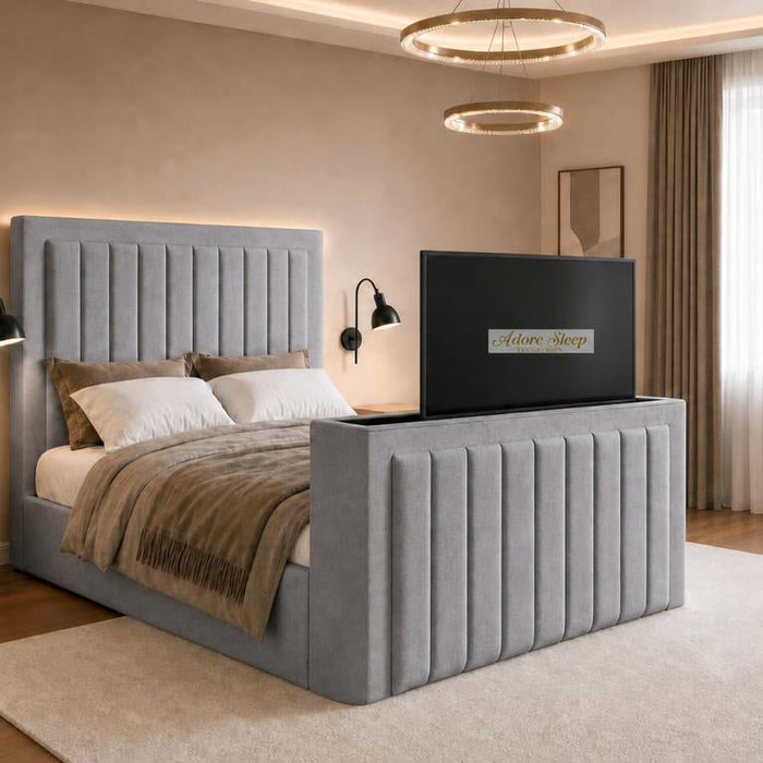 Naples Silver - Carlton Luxury Panelled TV Bed – Premium Upholstered Bed Frame with Integrated TV Footboard