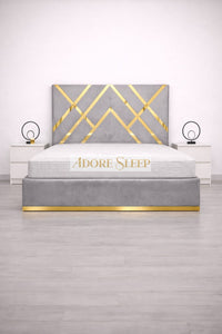 Plush Velvet Silver - Regalia Noir Luxury Upholstered Bed – Geometric Designer Headboard with Metallic Accent Detailing