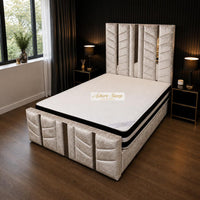 Crushed Velvet Champagne - Chevronne Luxury Chevron Panel Bed – Designer Upholstered Bed Frame with Metallic Inlay Detailing