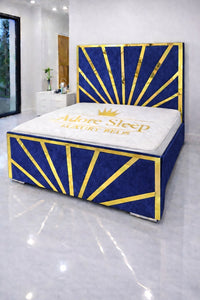 Plush Velvet Sapphire - Solaris Radiance Luxury Geometric Upholstered Bed Frame