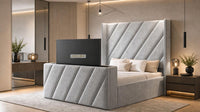 Naples Silver - Ascot Luxury Diagonal Panel TV Bed – Designer Upholstered Bed Frame with Integrated TV Footboard