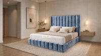 Crushed Velvet Denim Blue - Chelsea Luxury Channel Panel Bed – Premium Upholstered Bed Frame with Statement Headboard