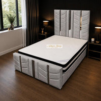 Plush Velvet Silver - Chevronne Luxury Chevron Panel Bed – Designer Upholstered Bed Frame with Metallic Inlay Detailing