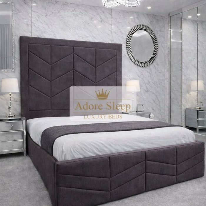 Naples Slate Grey - Valencia Royale Luxury Upholstered Bed – Geometric Chevron Panel Headboard & Statement Footboard