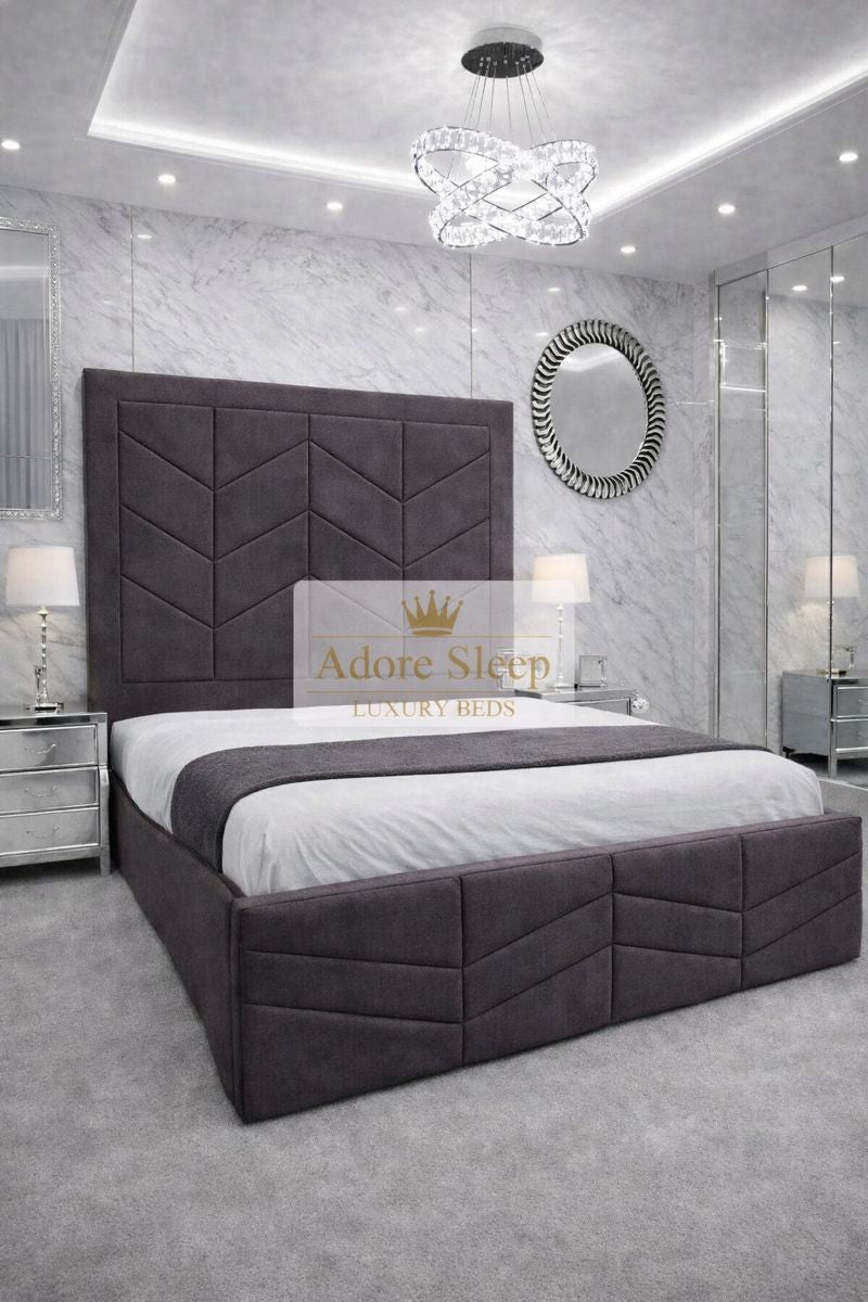 Naples Slate Grey - Valencia Royale Luxury Upholstered Bed – Geometric Chevron Panel Headboard & Statement Footboard