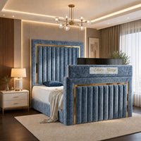 Crushed Velvet Denim Blue - Kensington Luxury TV Bed – Upholstered Bed Frame with Statement Panel Headboard & TV Footboard