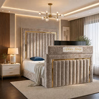 Crushed Velvet Mink - Kensington Luxury TV Bed – Upholstered Bed Frame with Statement Panel Headboard & TV Footboard