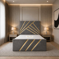 Plush Velvet Grey - Monaco Luxury Geometric Bed – Designer Upholstered Bed Frame with Metallic Inlay Detailing