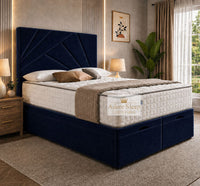 Plush Velvet Sapphire - Meridian Abstract Geometry Ottoman Divan Bed | Luxury Hydraulic Storage Bed Frame