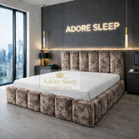 Crushed Velvet Mink - Savoy Aurelia Luxury Upholstered Bed Frame – Sculpted Panel Statement Bed