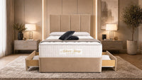 Plush Velvet Beige - Kensington Grande Luxury Divan Bed – Premium Upholstered Bed Frame with Tall Vertical Panel Headboard