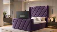 Naples Purple - Ascot Luxury Diagonal Panel TV Bed – Designer Upholstered Bed Frame with Integrated TV Footboard