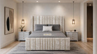 Crushed Velvet Cream - Mayfair Luxury Panelled Bed – Premium Upholstered Bed Frame with Statement Headboard & Footboard