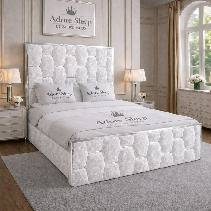 Crushed Velvet White - Hexa Monarch Luxury Silver Strip Panel Bed Frame