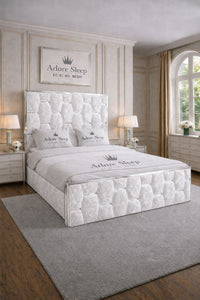 Crushed Velvet White - Hexa Monarch Luxury Silver Strip Panel Bed Frame