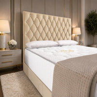 Plush Velvet Beige - Regency Diamond Luxury Divan Bed – Deep Button-Tufted Headboard with Premium Upholstered Frame & Storage