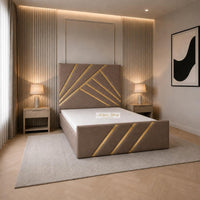 Naples Mink - Monaco Luxury Geometric Bed – Designer Upholstered Bed Frame with Metallic Inlay Detailing