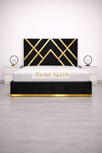 Plush Velvet Black - Regalia Noir Luxury Upholstered Bed – Geometric Designer Headboard with Metallic Accent Detailing