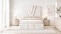 Crushed Velvet White - Monaco V-Line Luxury Geometric Ottoman Storage Bed