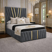 Naples Slate Grey - Valentina Royale Luxury Upholstered Bed Frame – Statement Winged Headboard, Panelled Footboard
