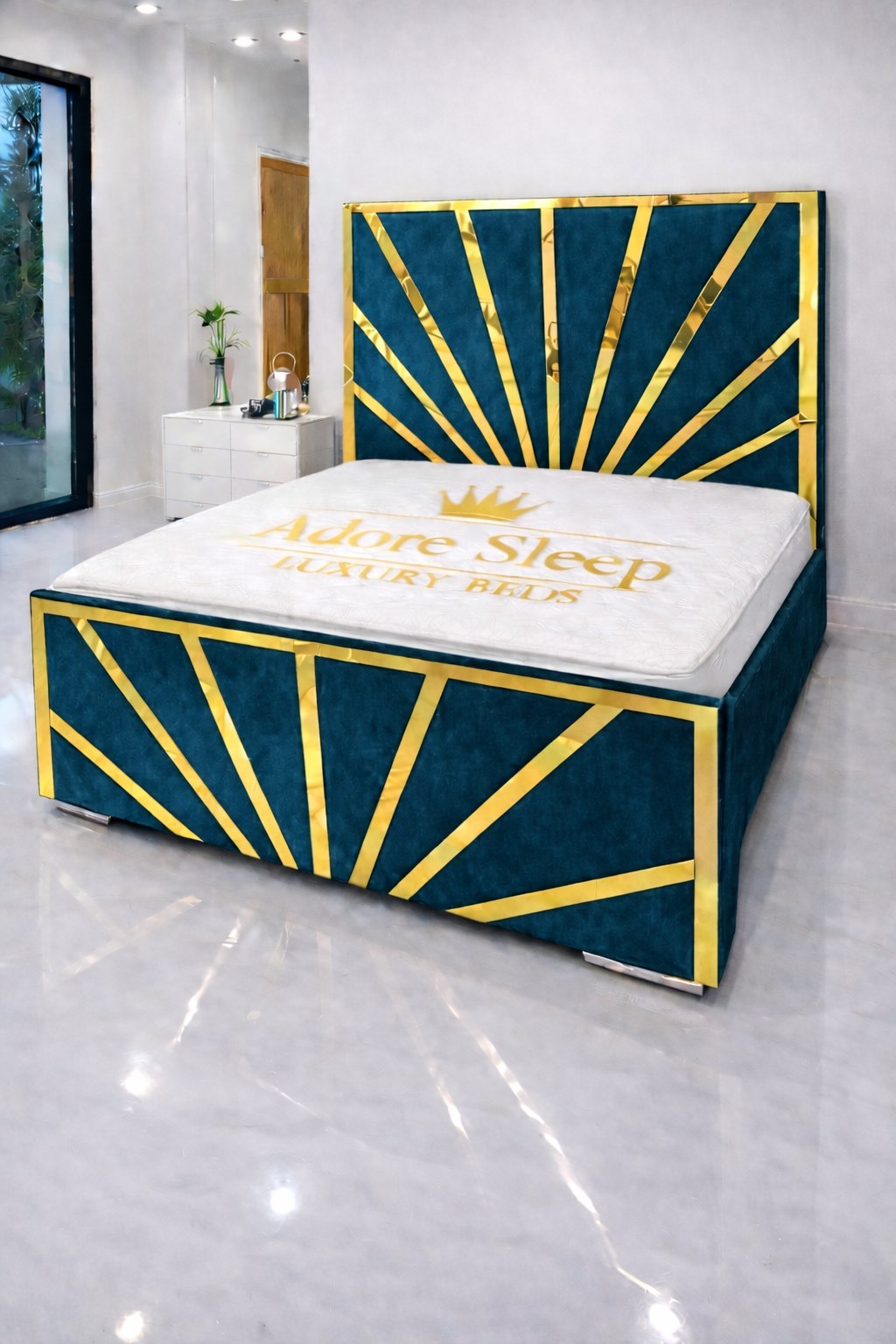 Plush Velvet Teal - Solaris Radiance Luxury Geometric Upholstered Bed Frame