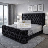 Crushed Velvet Black - Celestine Grandeur Luxury Upholstered Bed – Deep Button Tufted Headboard & Curved Statement Footboard