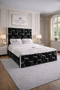 Crushed Velvet Black - Hexa Monarch Luxury Silver Strip Panel Bed Frame