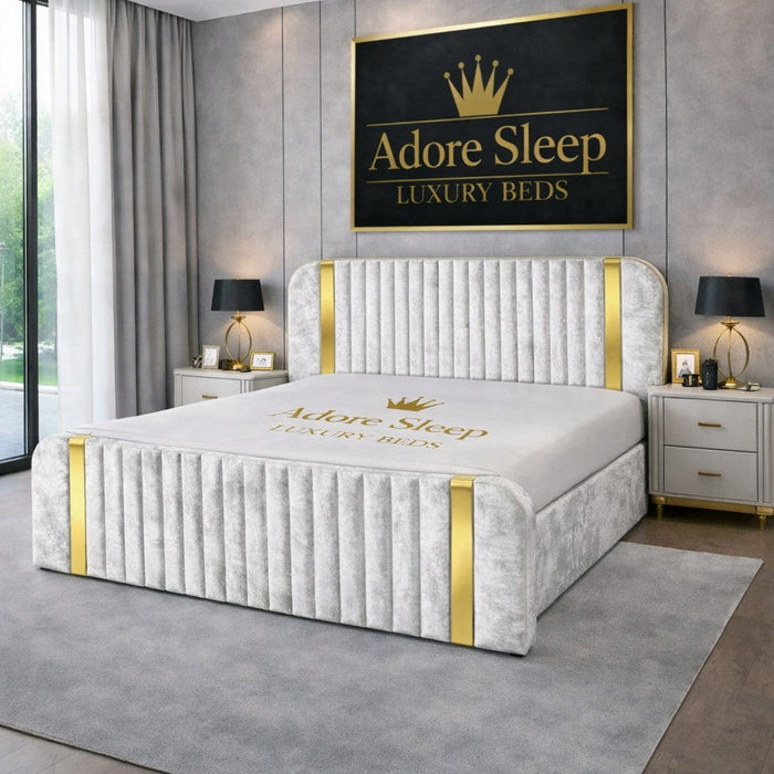 Crushed Velvet White - Spencer Luxury Curved Fluted Bed Frame with Gold Strip – Upholstered