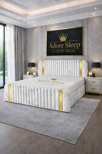 Crushed Velvet White - Spencer Luxury Curved Fluted Bed Frame with Gold Strip – Upholstered