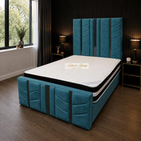 Plush Velvet Teal - Chevronne Luxury Chevron Panel Bed – Designer Upholstered Bed Frame with Metallic Inlay Detailing
