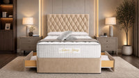 Plush Velvet Beige - Regency Diamond Luxury Divan Bed – Deep Button-Tufted Headboard with Premium Upholstered Frame & Storage